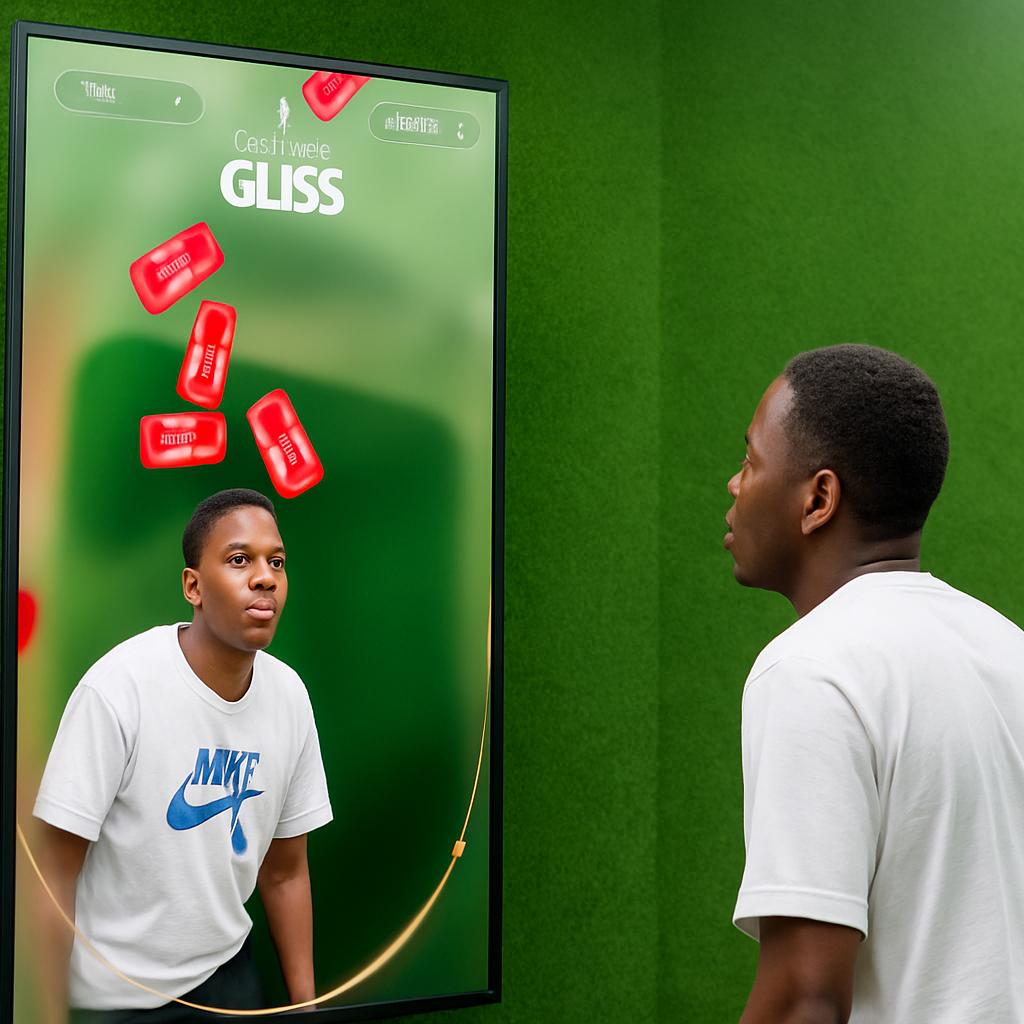 Guest playing interactive balance game using motion sensors to stack virtual items on head at a corporate event or exhibition booth in Dubai – fun and engaging activity.